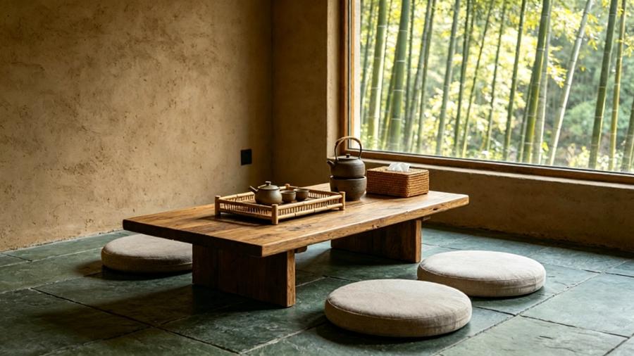 Japandi hotel guest room with tatami bed platform and hand-woven storage basket