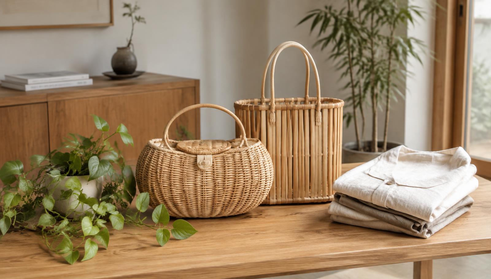 Woven rattan handbag and bamboo tote beside linen clothing