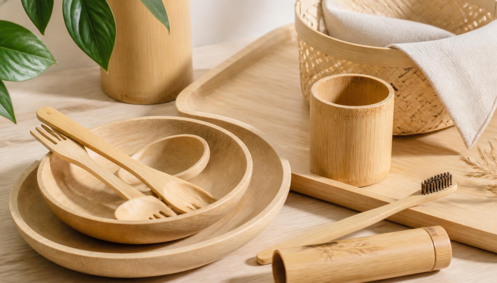 Bamboo tableware, tray and woven basket on a pale oak table