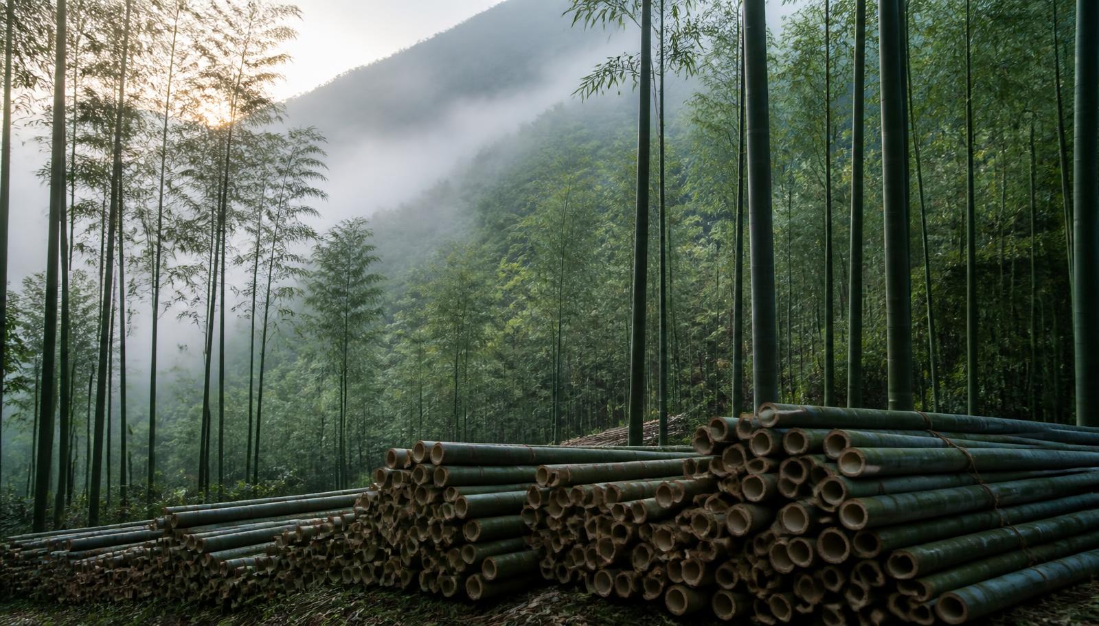 Moso bamboo grove at dawn with harvested poles stacked in the foreground