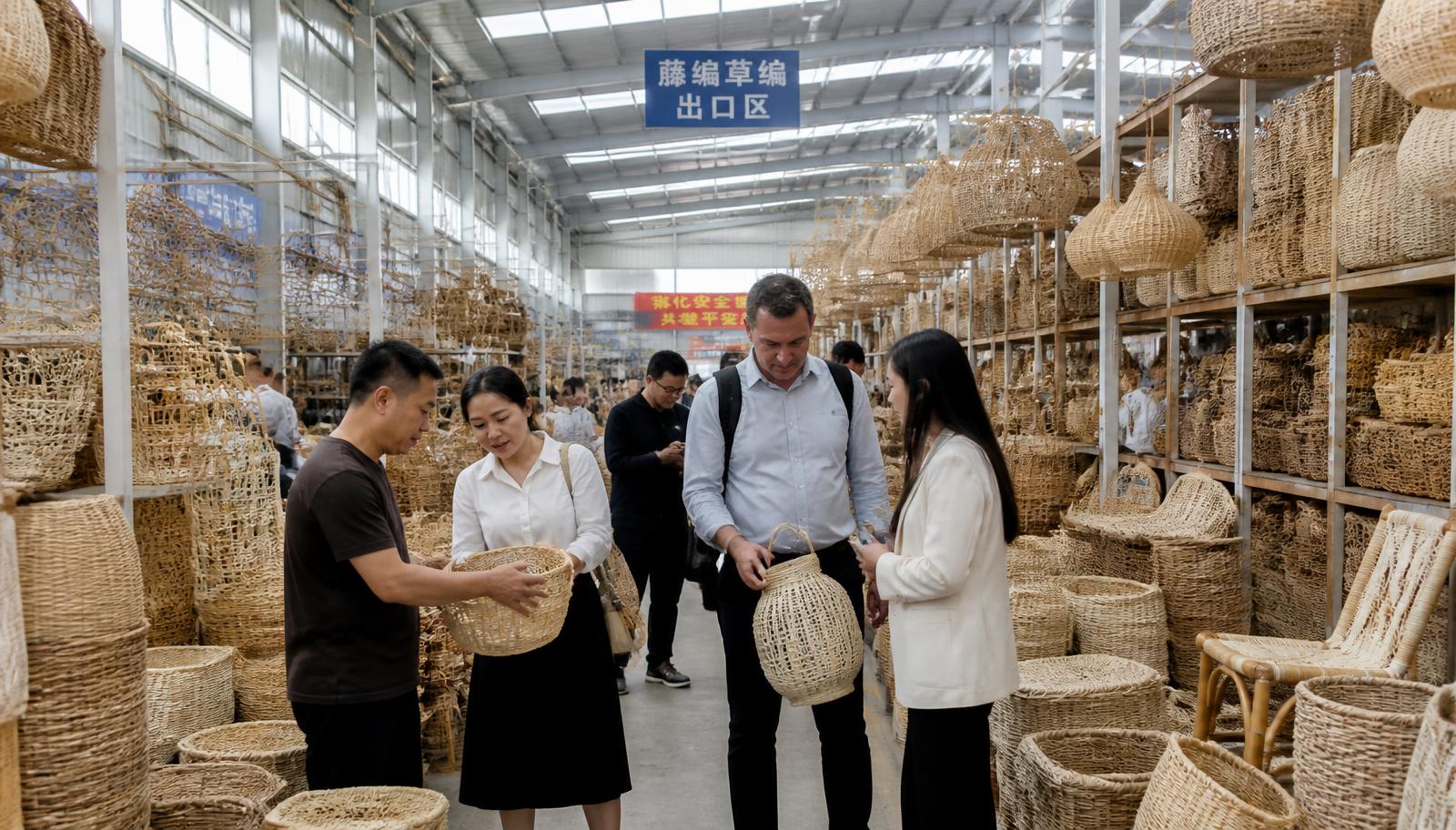 Buyers inspecting handwoven baskets and lanterns in the Guangxi woven crafts exhibition hall
