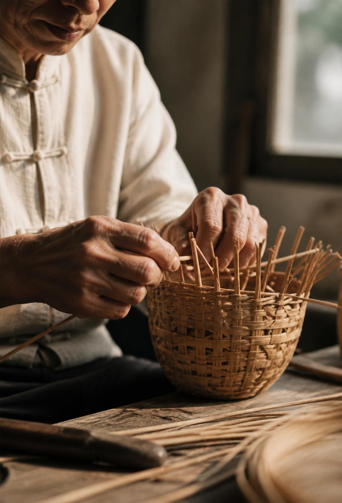 Guangxi artisan hands weaving bamboo strips into a small basket