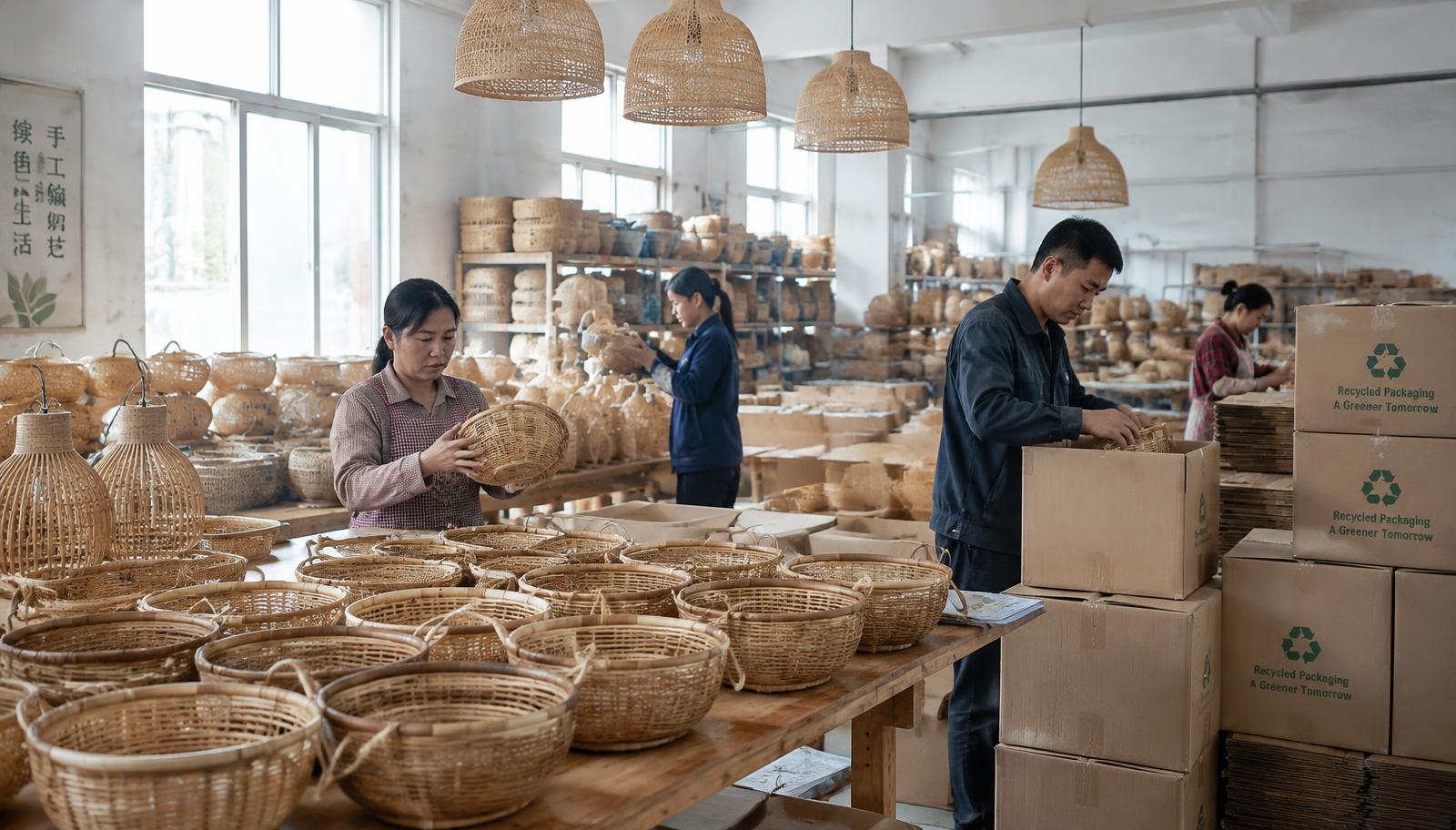 Artisans checking and packing finished rattan baskets for export